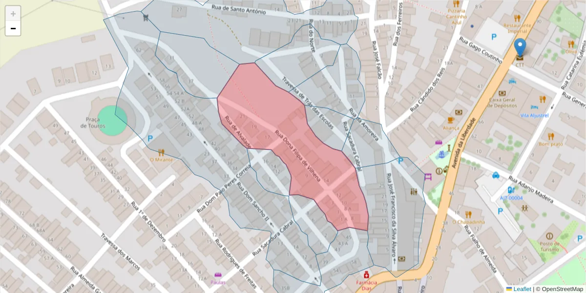 Mapa detalhado do código postal 7600-098 com limites, códigos postais vizinhos e agências dos correios