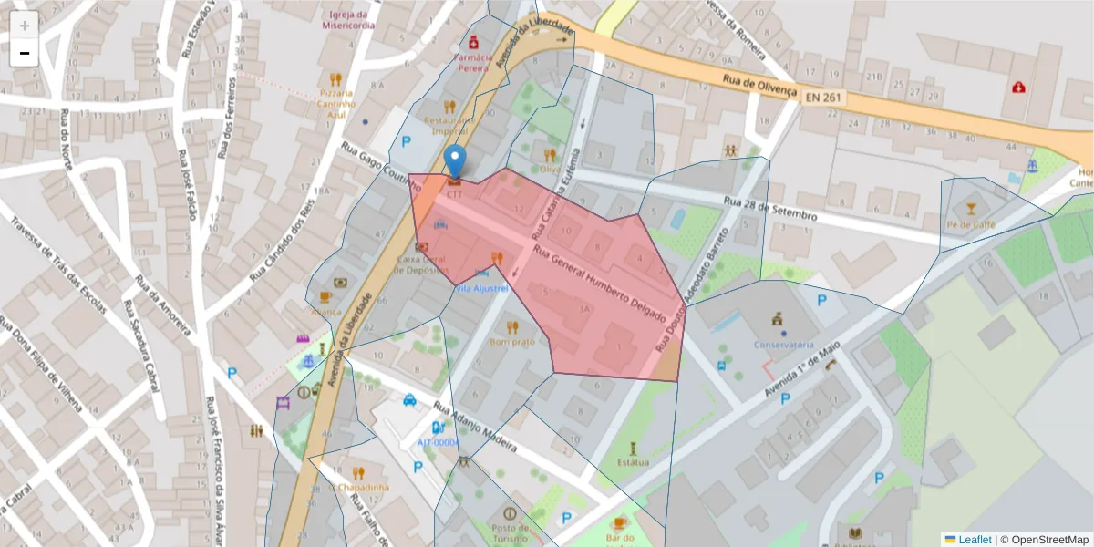 Mapa detalhado do código postal 7600-099 com limites, códigos postais vizinhos e agências dos correios