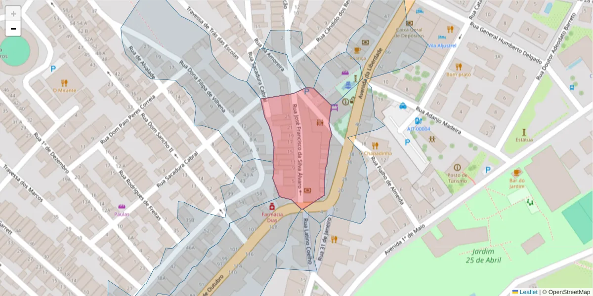 Mapa detalhado do código postal 7600-105 com limites, códigos postais vizinhos e agências dos correios