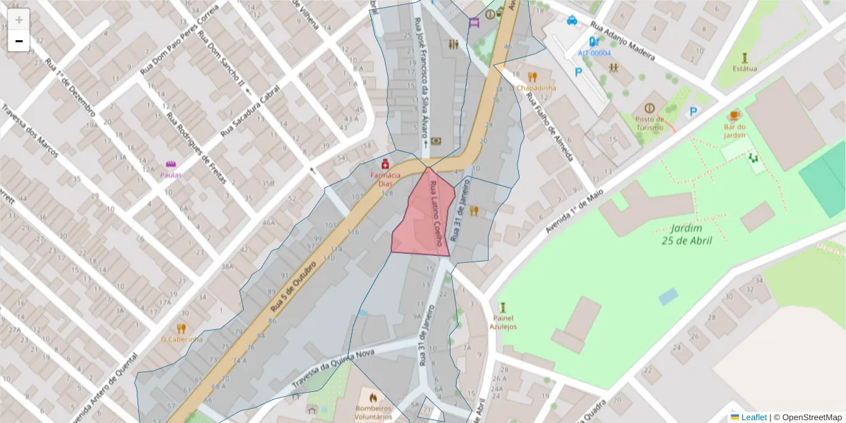 Mapa detalhado do código postal 7600-106 com limites, códigos postais vizinhos e agências dos correios
