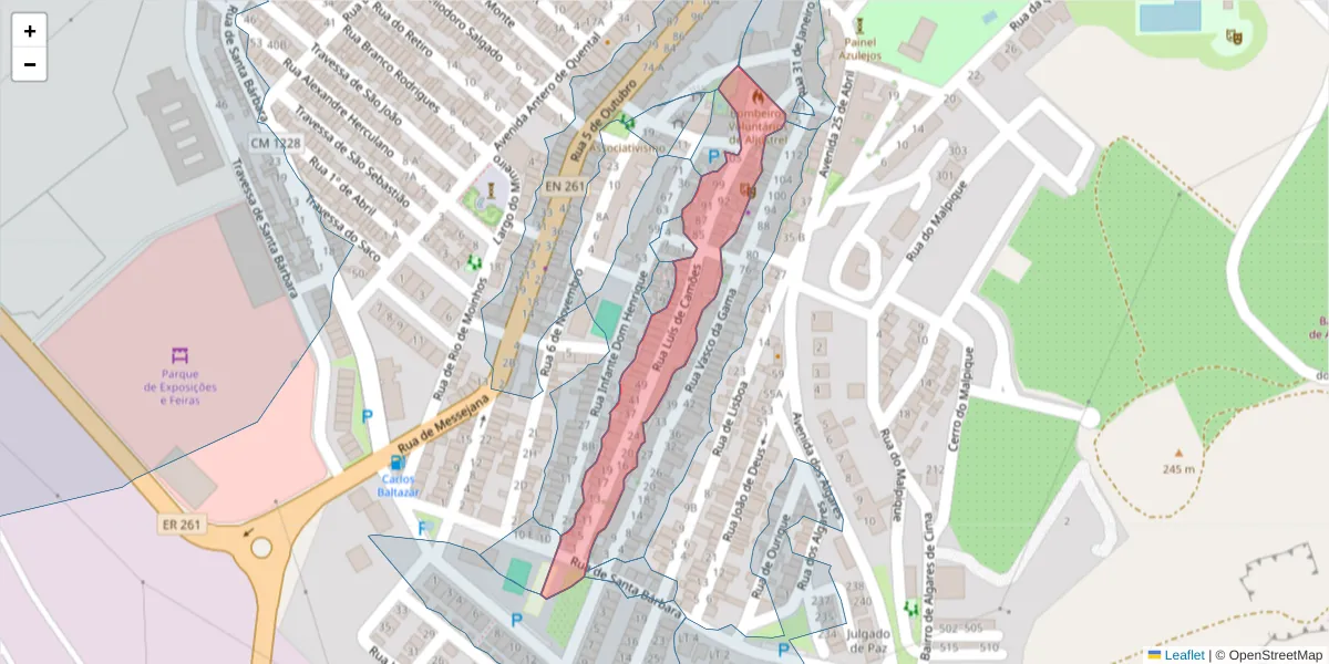 Mapa detalhado do código postal 7600-107 com limites, códigos postais vizinhos e agências dos correios