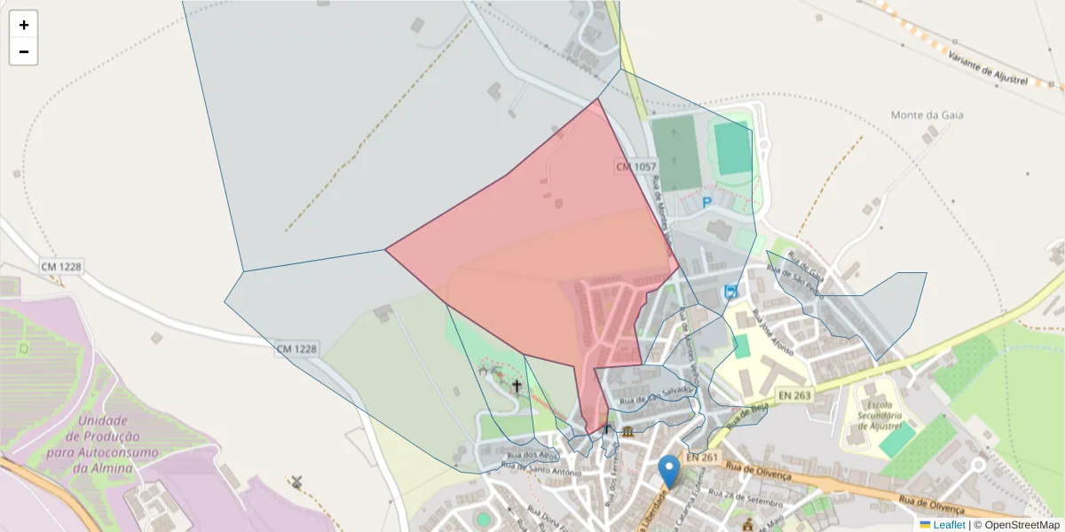 Mapa detalhado do código postal 7600-135 com limites, códigos postais vizinhos e agências dos correios