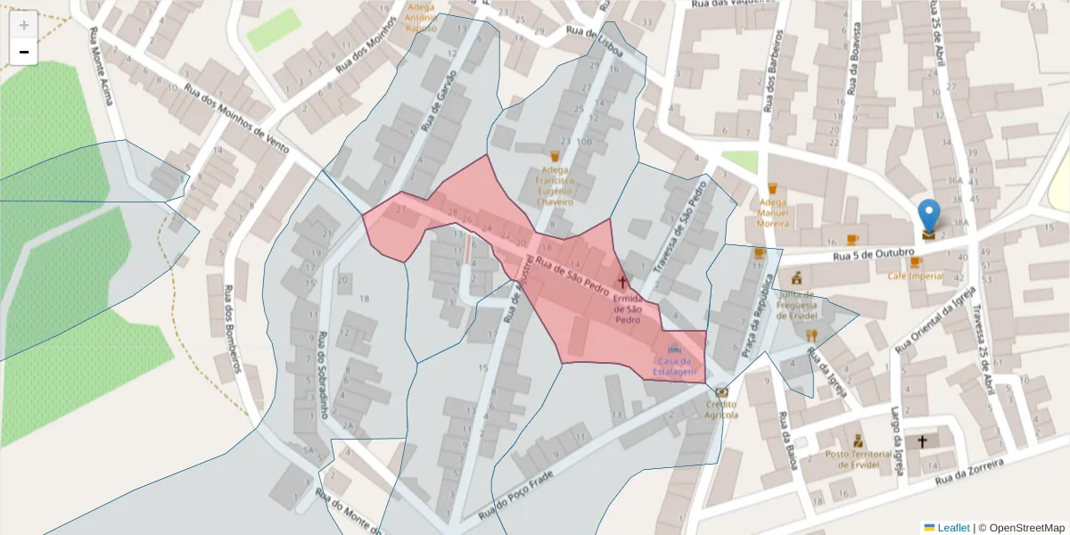 Mapa detalhado do código postal 7600-225 com limites, códigos postais vizinhos e agências dos correios