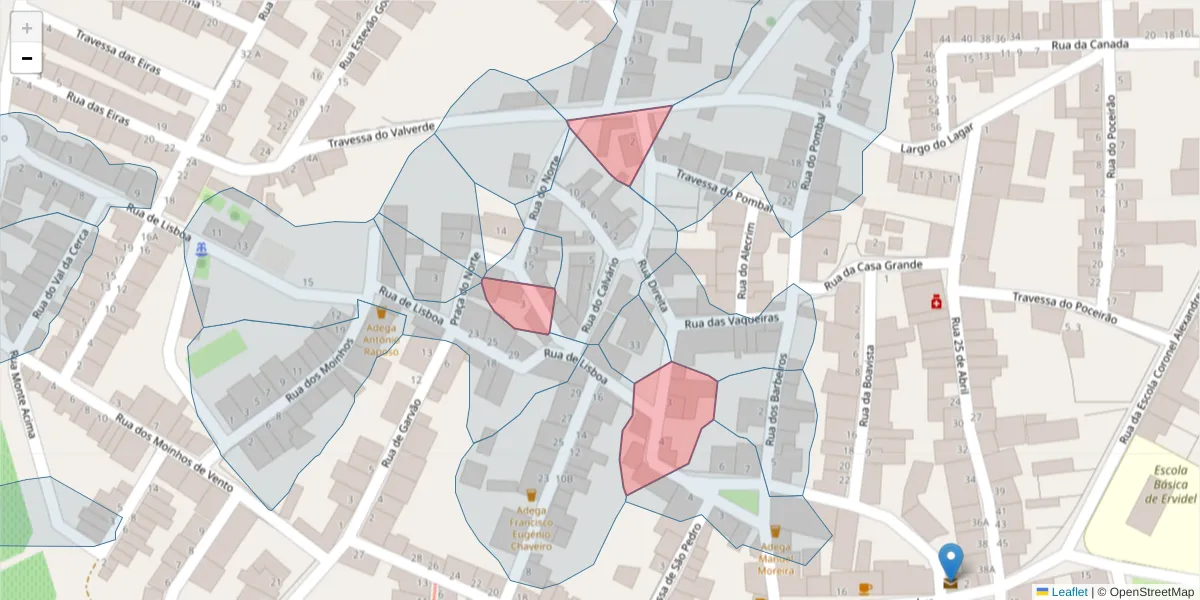 Mapa detalhado do código postal 7600-227 com limites, códigos postais vizinhos e agências dos correios