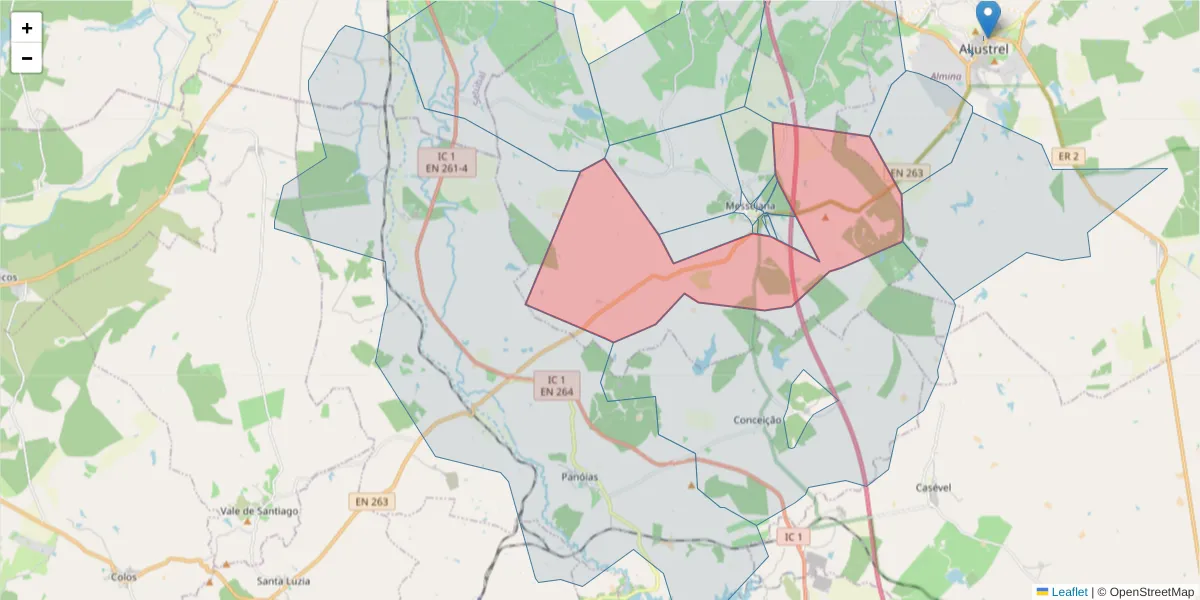 Mapa detalhado do código postal 7600-301 com limites, códigos postais vizinhos e agências dos correios