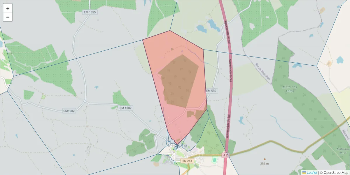 Mapa detalhado do código postal 7600-318 com limites, códigos postais vizinhos e agências dos correios