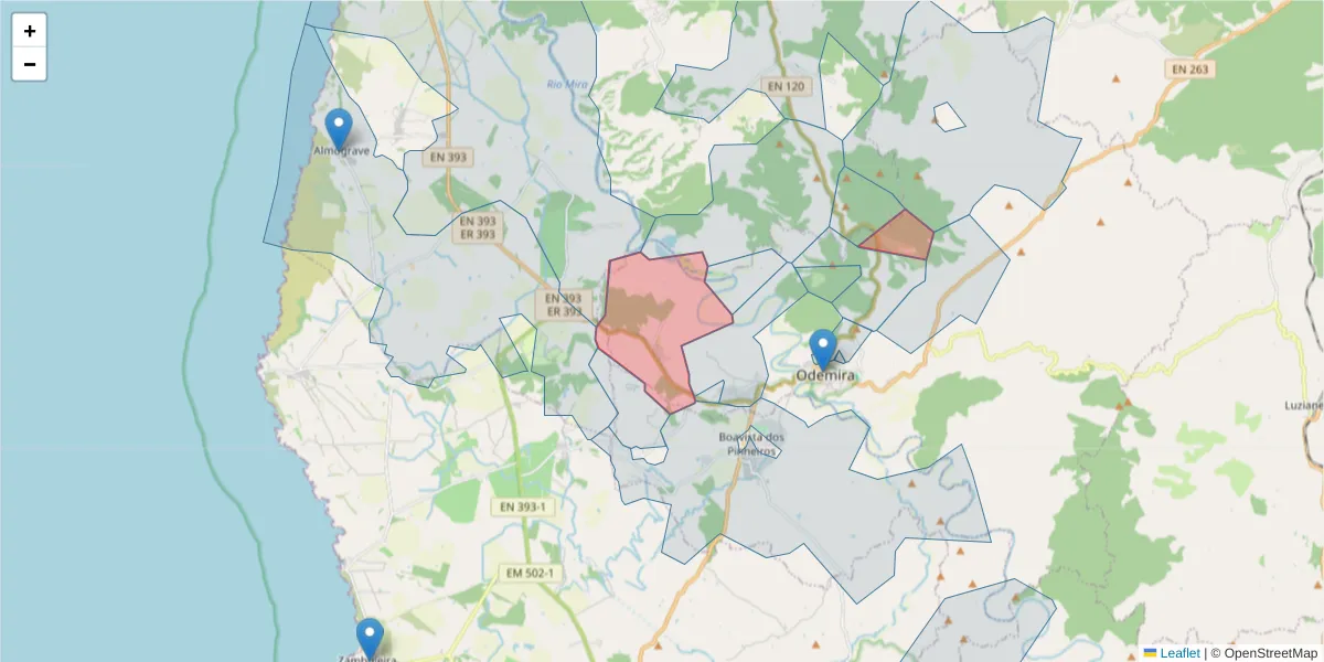 Mapa detalhado do código postal 7630-013 com limites, códigos postais vizinhos e agências dos correios