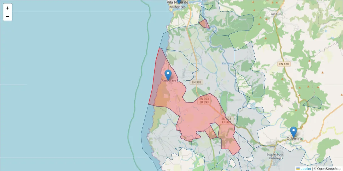 Mapa detalhado do código postal 7630-017 com limites, códigos postais vizinhos e agências dos correios