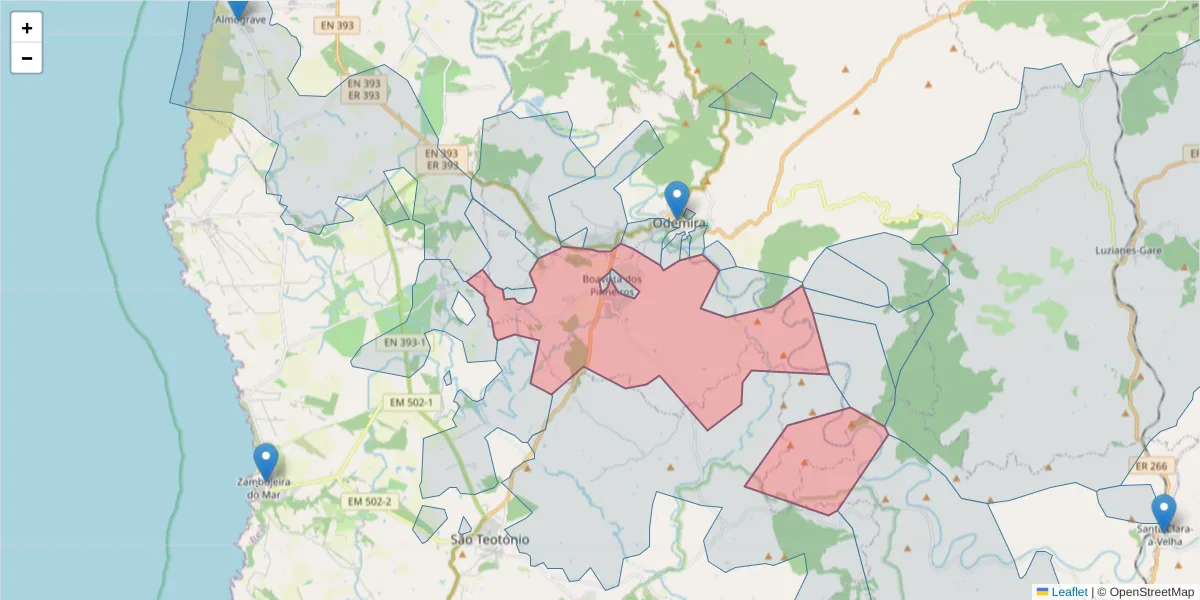 Mapa detalhado do código postal 7630-033 com limites, códigos postais vizinhos e agências dos correios