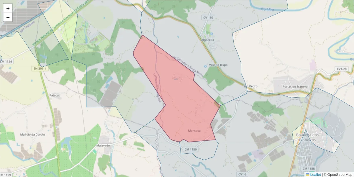 Mapa detalhado do código postal 7630-092 com limites, códigos postais vizinhos e agências dos correios