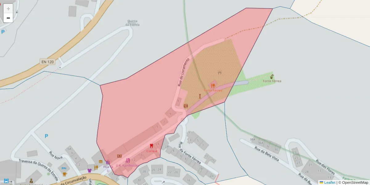 Mapa detalhado do código postal 7630-121 com limites, códigos postais vizinhos e agências dos correios