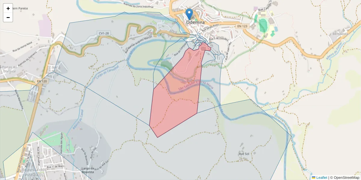 Mapa detalhado do código postal 7630-123 com limites, códigos postais vizinhos e agências dos correios