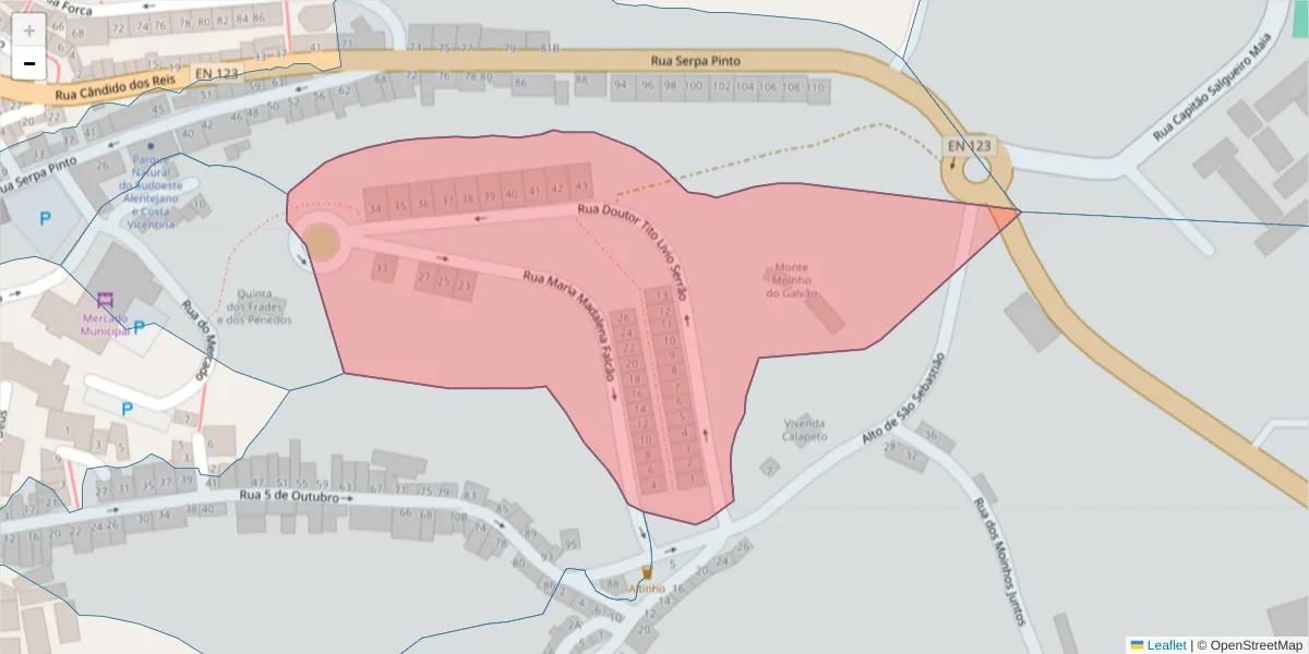Mapa detalhado do código postal 7630-127 com limites, códigos postais vizinhos e agências dos correios