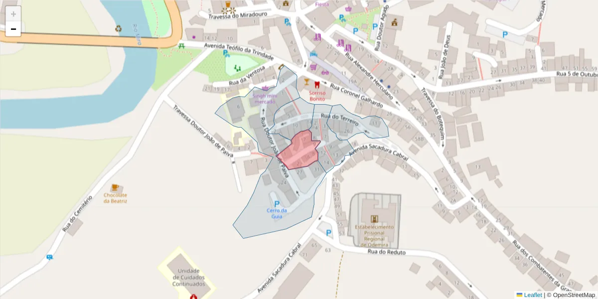 Mapa detalhado do código postal 7630-135 com limites, códigos postais vizinhos e agências dos correios