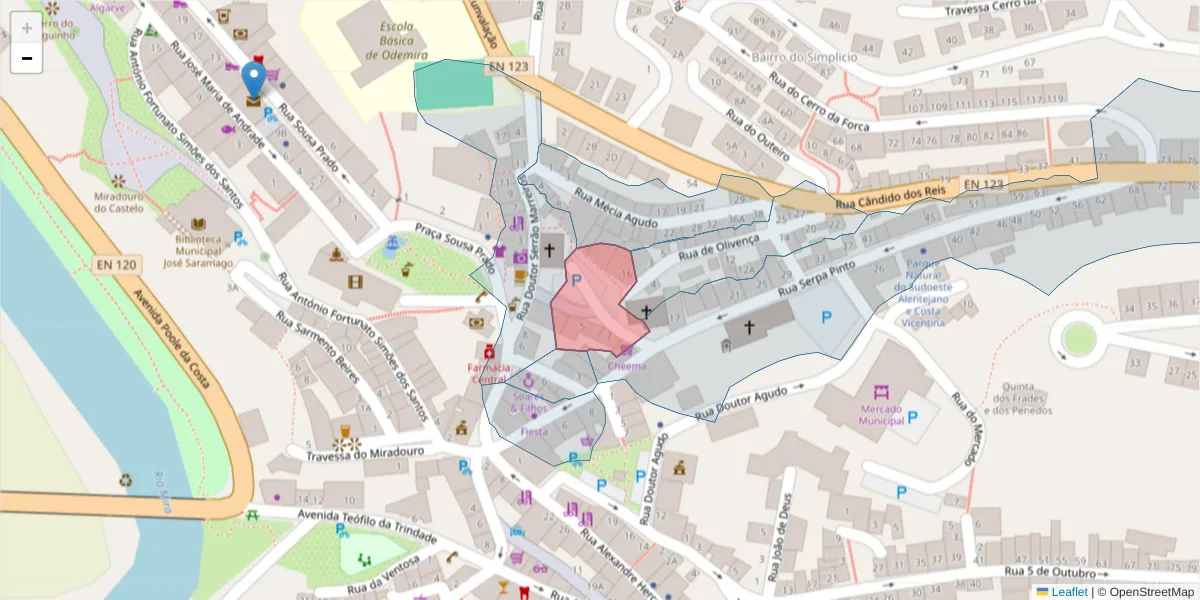 Mapa detalhado do código postal 7630-136 com limites, códigos postais vizinhos e agências dos correios