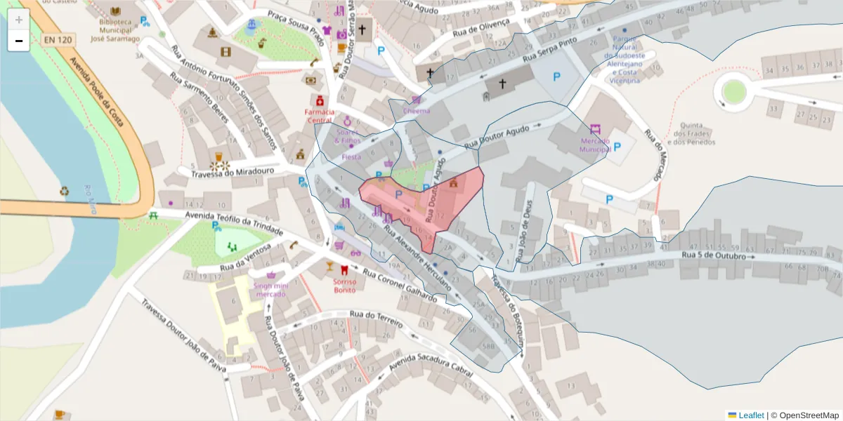 Mapa detalhado do código postal 7630-141 com limites, códigos postais vizinhos e agências dos correios