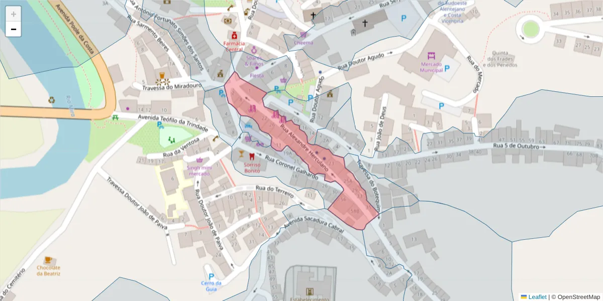 Mapa detalhado do código postal 7630-147 com limites, códigos postais vizinhos e agências dos correios