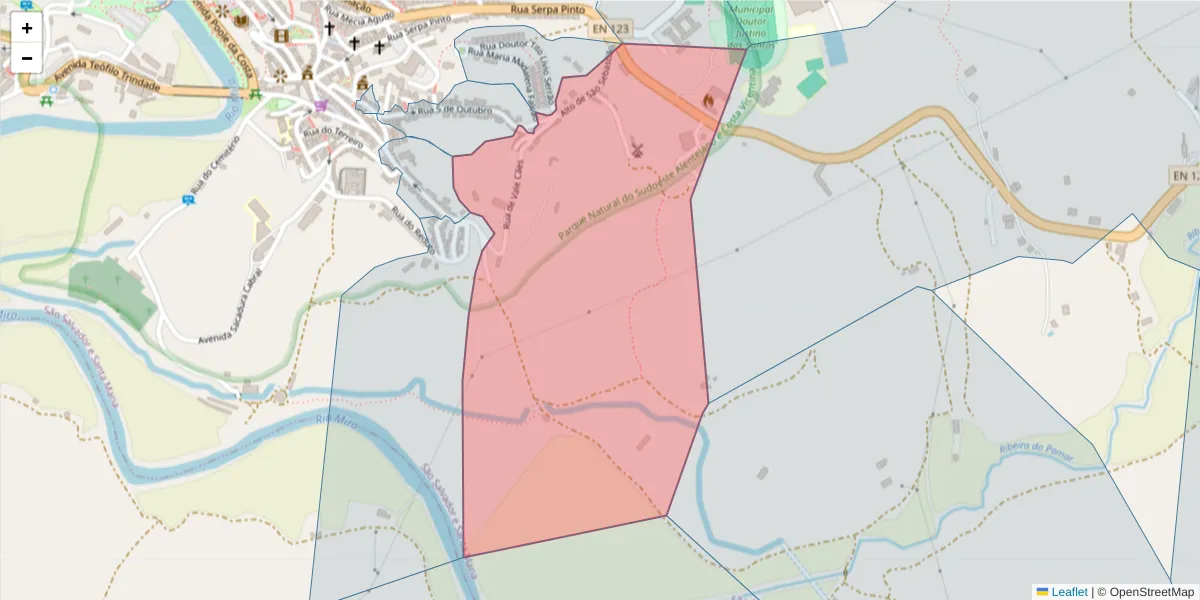 Mapa detalhado do código postal 7630-148 com limites, códigos postais vizinhos e agências dos correios