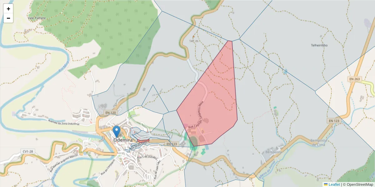 Mapa detalhado do código postal 7630-150 com limites, códigos postais vizinhos e agências dos correios