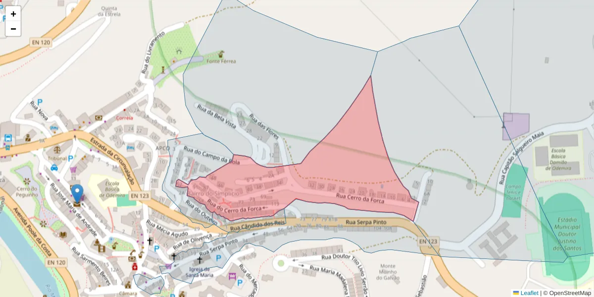 Mapa detalhado do código postal 7630-151 com limites, códigos postais vizinhos e agências dos correios