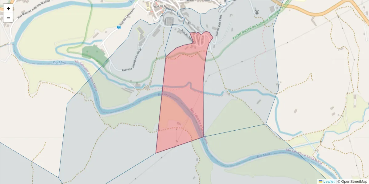Mapa detalhado do código postal 7630-152 com limites, códigos postais vizinhos e agências dos correios