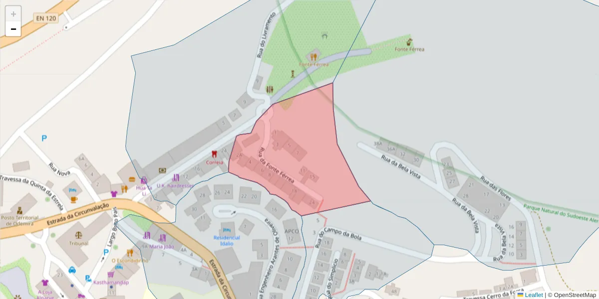 Mapa detalhado do código postal 7630-154 com limites, códigos postais vizinhos e agências dos correios