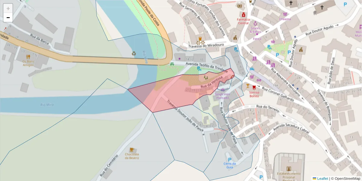 Mapa detalhado do código postal 7630-155 com limites, códigos postais vizinhos e agências dos correios