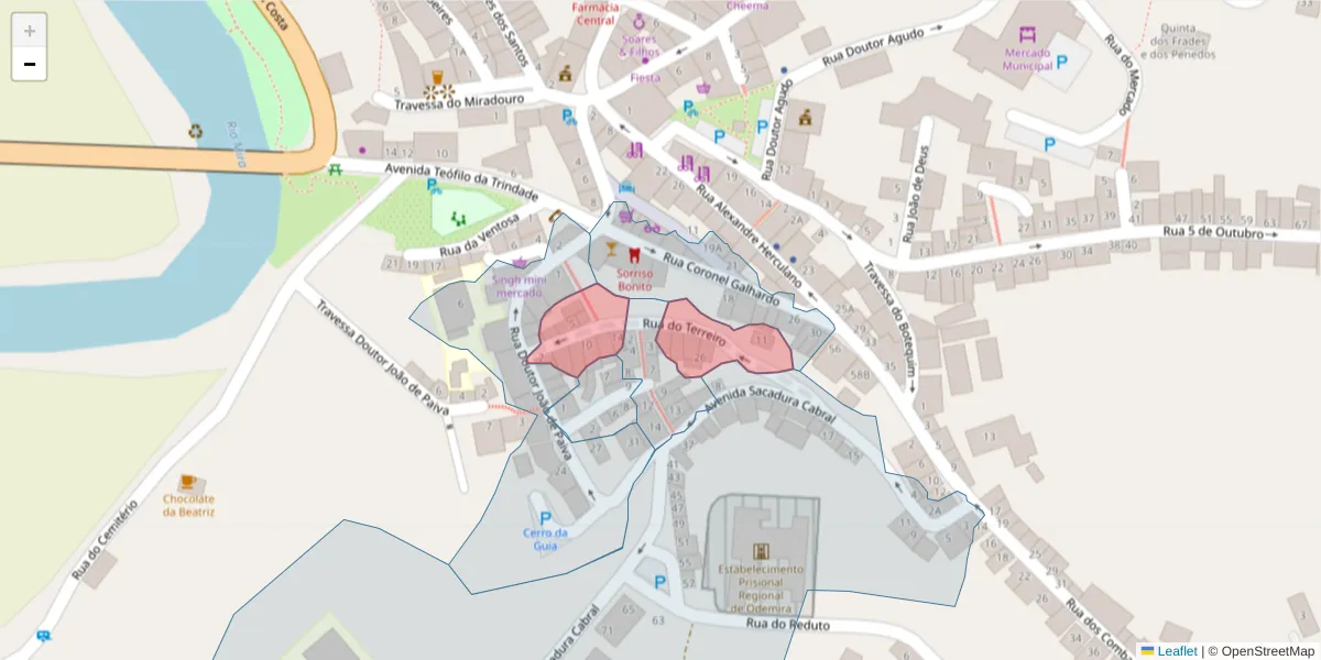 Mapa detalhado do código postal 7630-157 com limites, códigos postais vizinhos e agências dos correios