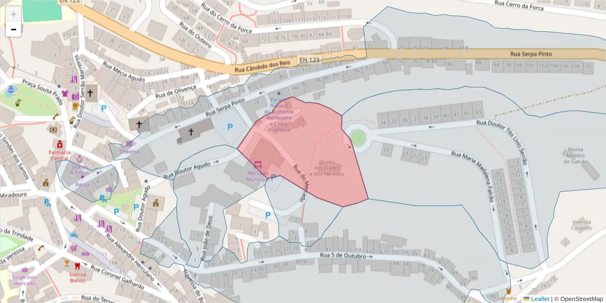 Mapa detalhado do código postal 7630-159 com limites, códigos postais vizinhos e agências dos correios