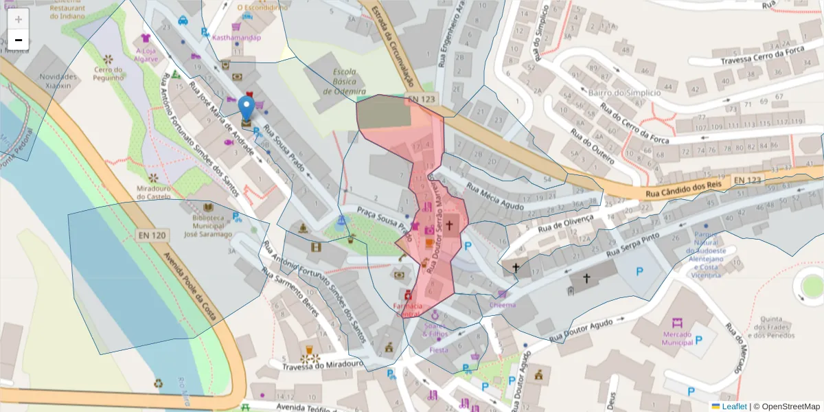 Mapa detalhado do código postal 7630-162 com limites, códigos postais vizinhos e agências dos correios