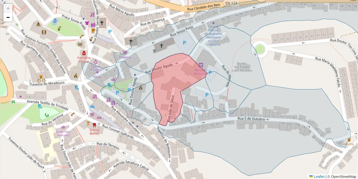 Mapa detalhado do código postal 7630-165 com limites, códigos postais vizinhos e agências dos correios