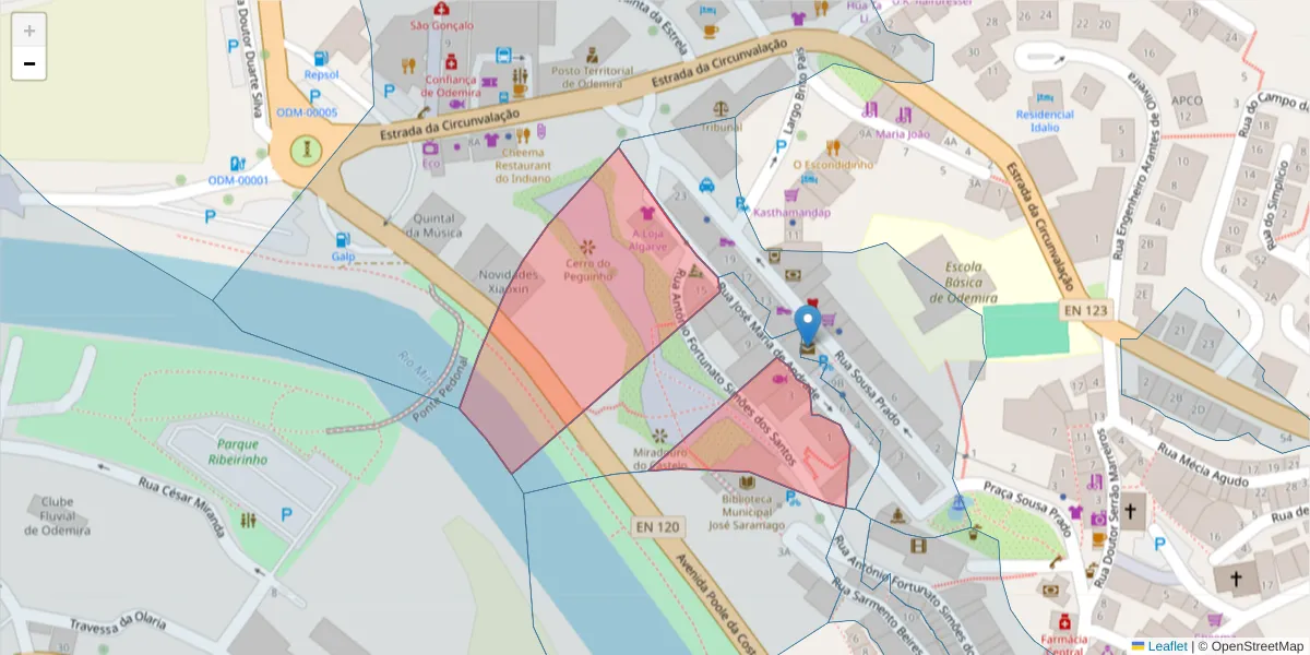 Mapa detalhado do código postal 7630-167 com limites, códigos postais vizinhos e agências dos correios