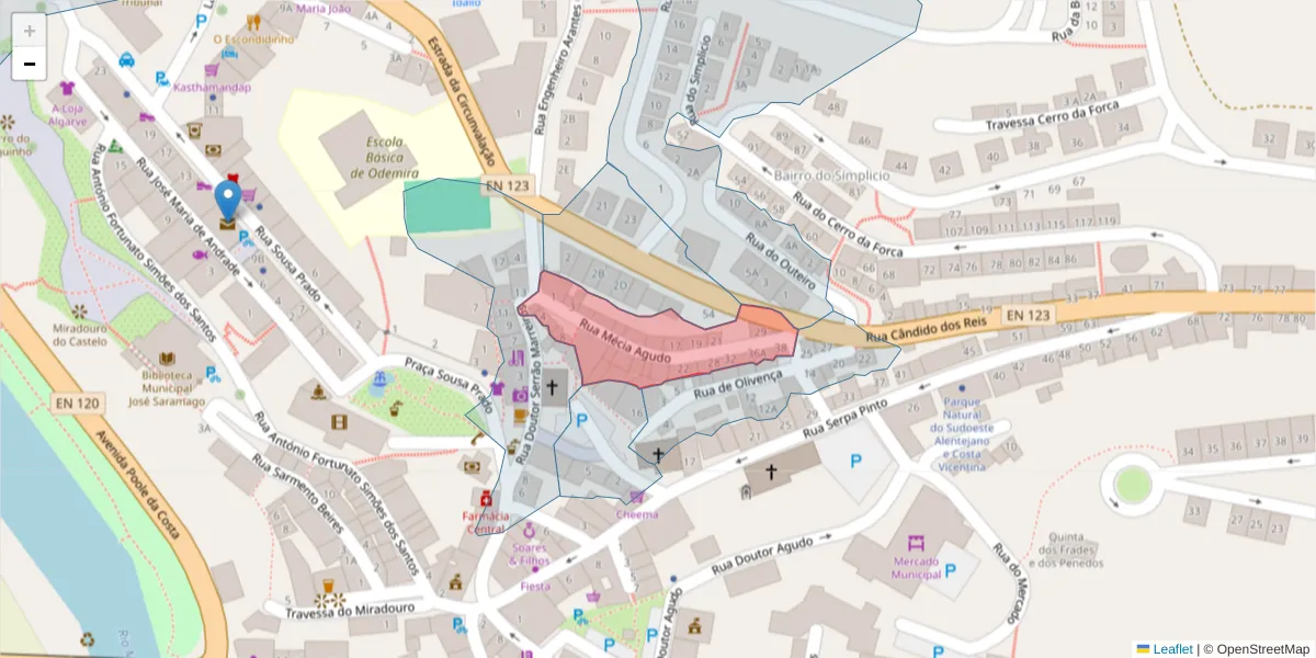 Mapa detalhado do código postal 7630-170 com limites, códigos postais vizinhos e agências dos correios