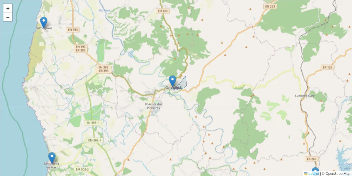 Mapa detalhado do código postal 7630-174 com limites, códigos postais vizinhos e agências dos correios