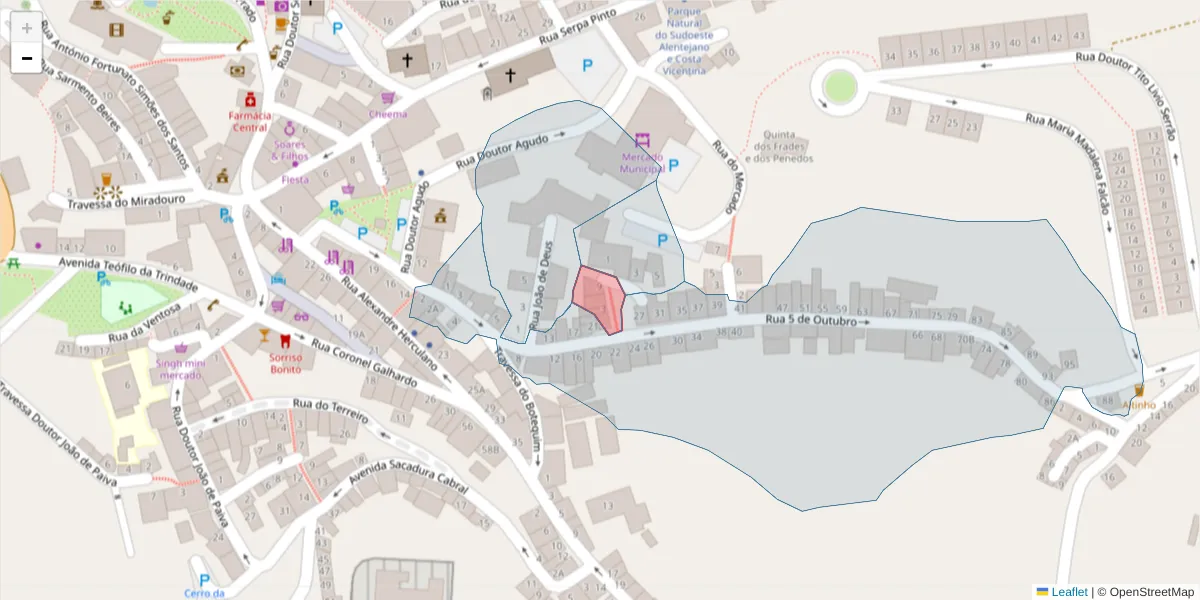 Mapa detalhado do código postal 7630-177 com limites, códigos postais vizinhos e agências dos correios