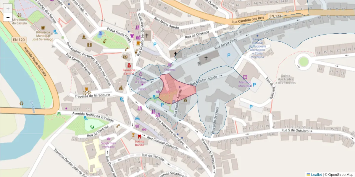 Mapa detalhado do código postal 7630-179 com limites, códigos postais vizinhos e agências dos correios
