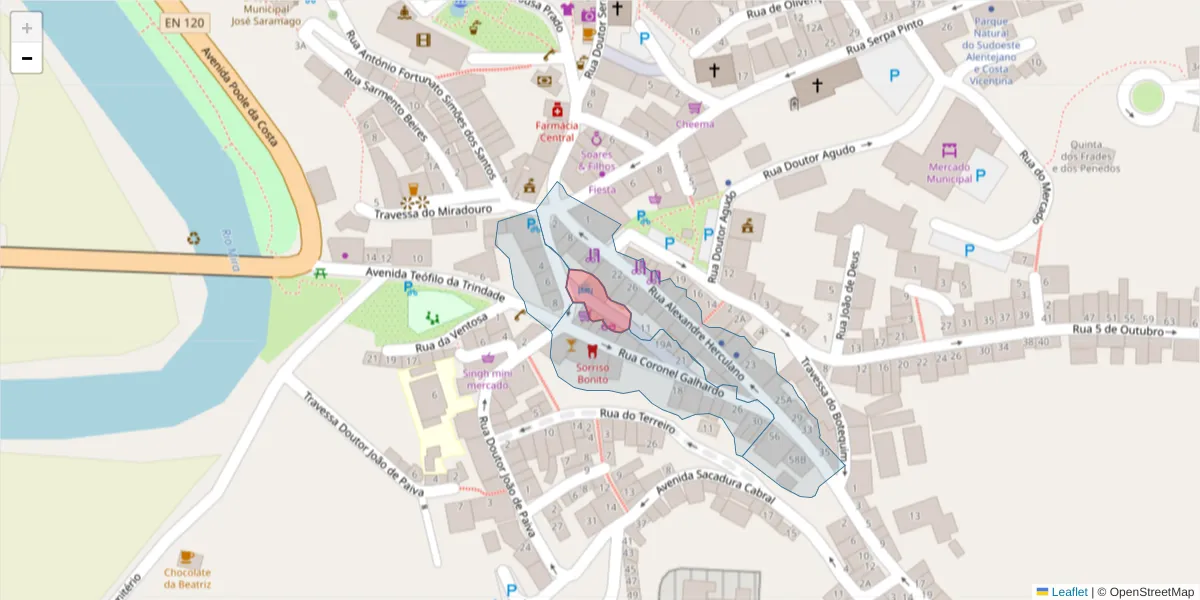 Mapa detalhado do código postal 7630-182 com limites, códigos postais vizinhos e agências dos correios