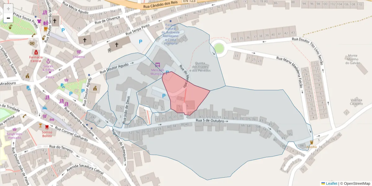 Mapa detalhado do código postal 7630-186 com limites, códigos postais vizinhos e agências dos correios
