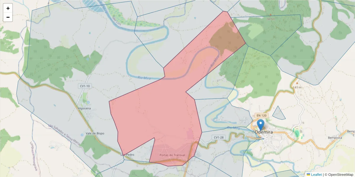 Mapa detalhado do código postal 7630-208 com limites, códigos postais vizinhos e agências dos correios