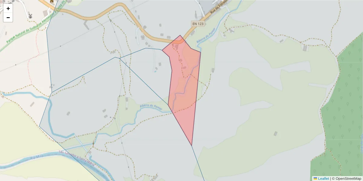 Mapa detalhado do código postal 7630-210 com limites, códigos postais vizinhos e agências dos correios