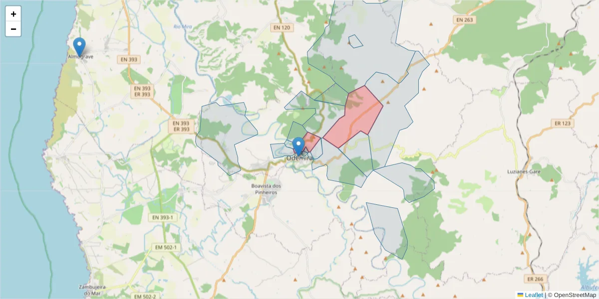 Mapa detalhado do código postal 7630-236 com limites, códigos postais vizinhos e agências dos correios