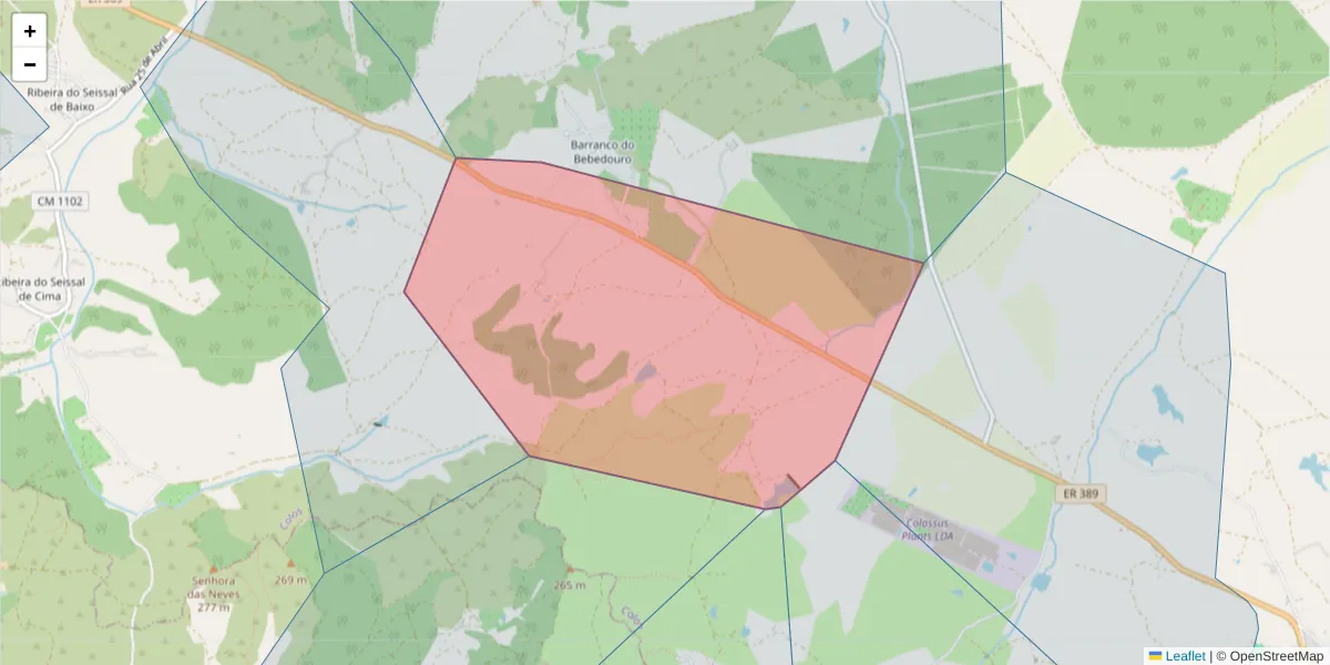 Mapa detalhado do código postal 7630-281 com limites, códigos postais vizinhos e agências dos correios
