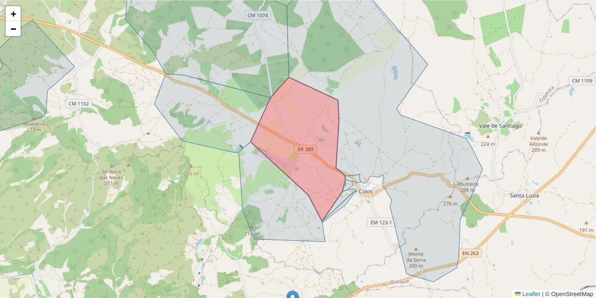 Mapa detalhado do código postal 7630-290 com limites, códigos postais vizinhos e agências dos correios