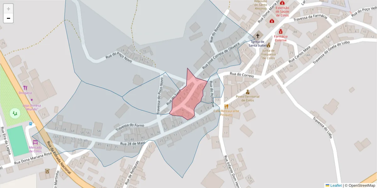 Mapa detalhado do código postal 7630-309 com limites, códigos postais vizinhos e agências dos correios