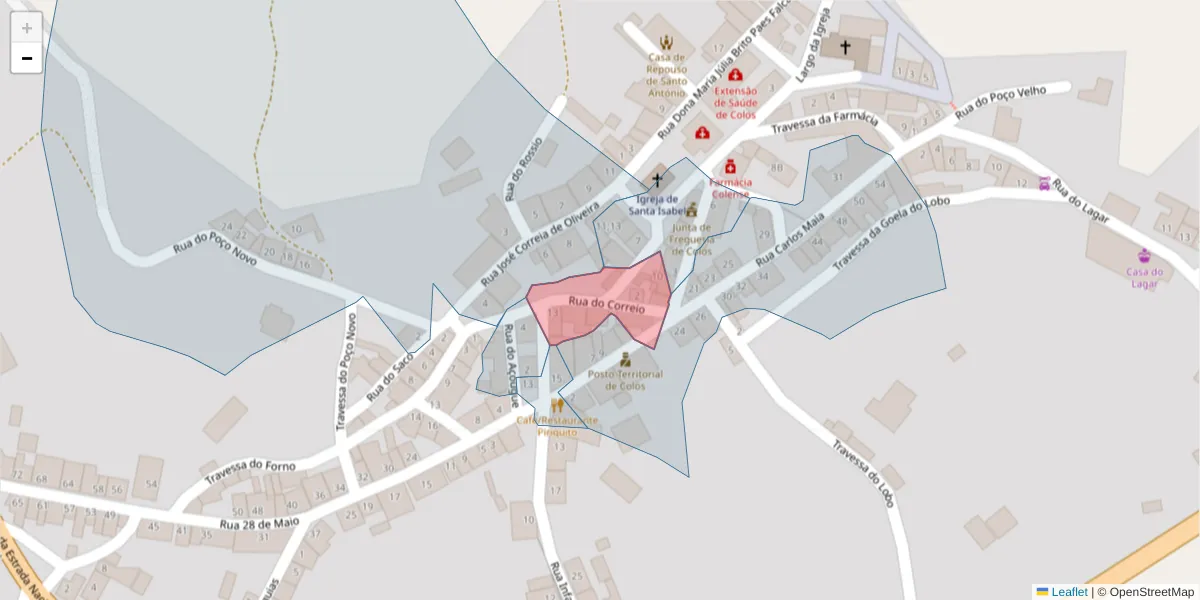 Mapa detalhado do código postal 7630-312 com limites, códigos postais vizinhos e agências dos correios