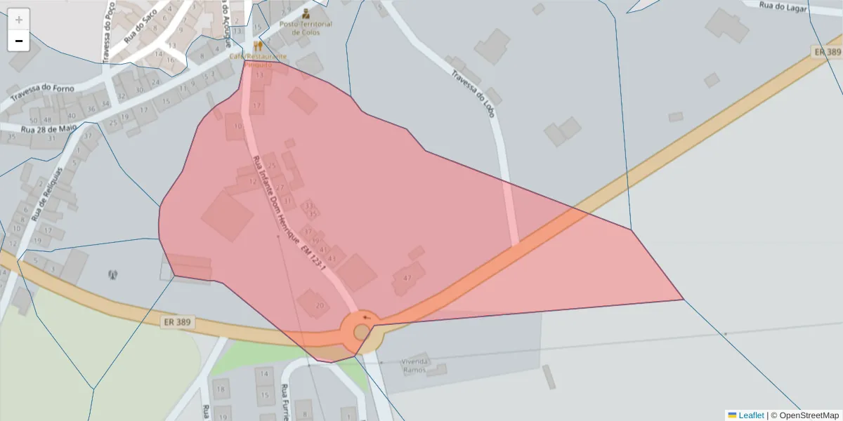 Mapa detalhado do código postal 7630-318 com limites, códigos postais vizinhos e agências dos correios