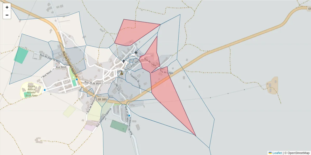 Mapa detalhado do código postal 7630-322 com limites, códigos postais vizinhos e agências dos correios
