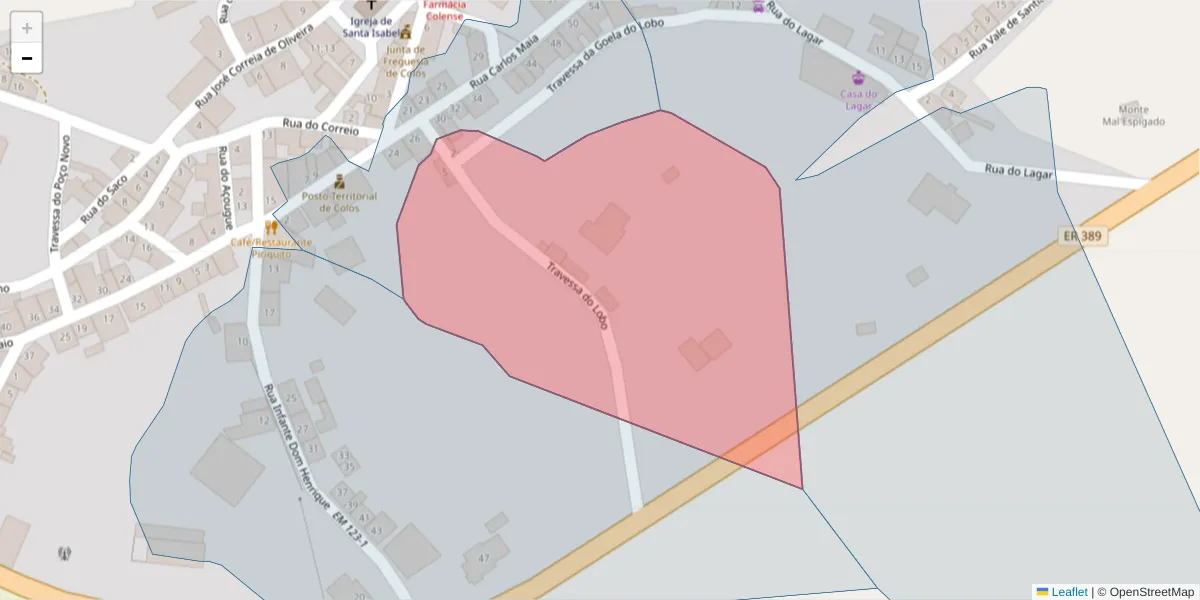 Mapa detalhado do código postal 7630-323 com limites, códigos postais vizinhos e agências dos correios
