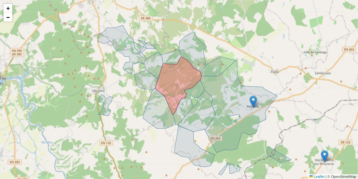 Mapa detalhado do código postal 7630-384 com limites, códigos postais vizinhos e agências dos correios