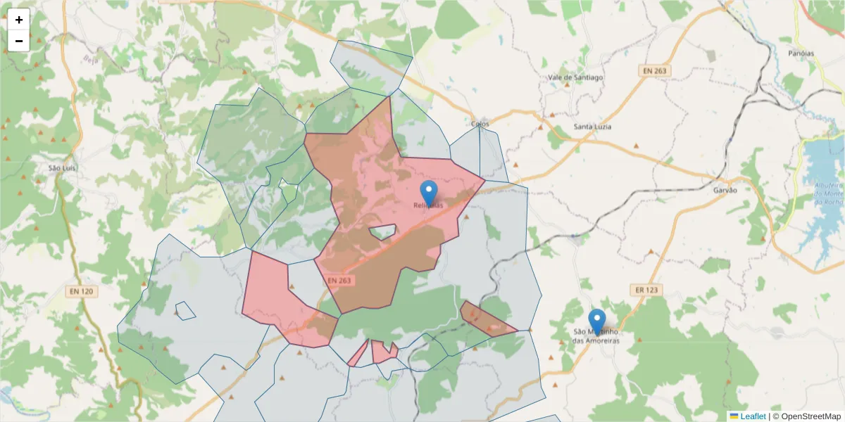 Mapa detalhado do código postal 7630-392 com limites, códigos postais vizinhos e agências dos correios